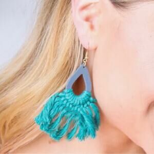 Green Macrame Fan Fringe Cutout Colored Wood Teardrop Bohemian Dangle Earrings